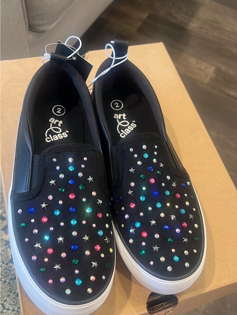 art class Black Slip-On Sneakers with Multicolor Gem Accents